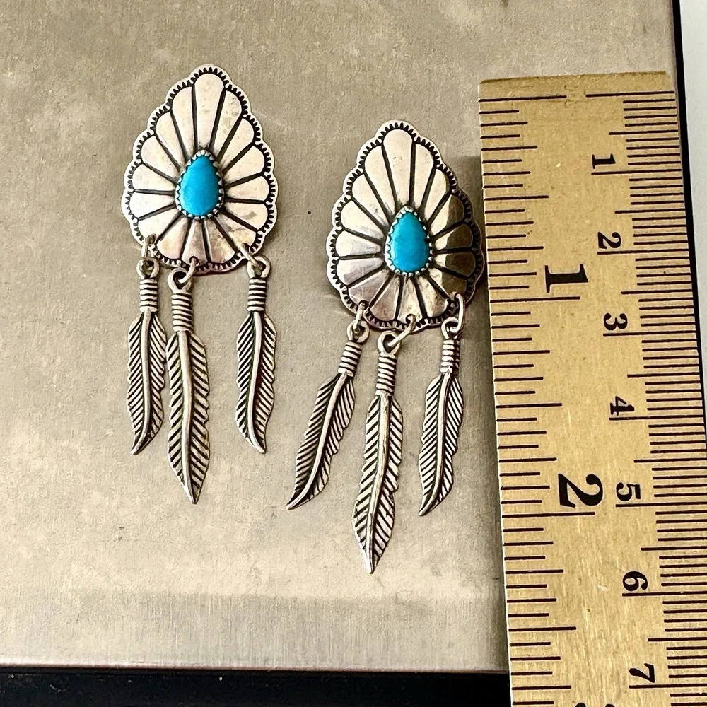 VTG Turquoise Earrings Signed Wheeler Feather Post Dangle Sterling USA Southwest